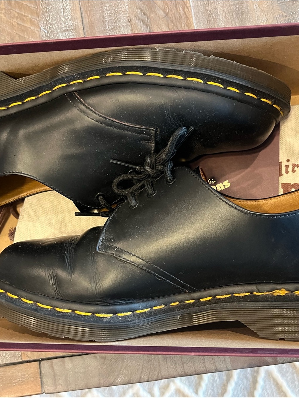 Dr. Martens Black Leather Derby Shoes with Yellow Stitching